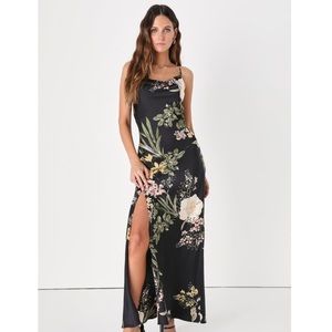 Lulus All About the Drama Black Floral Satin Cowl Neck Maxi Dress Size Medium